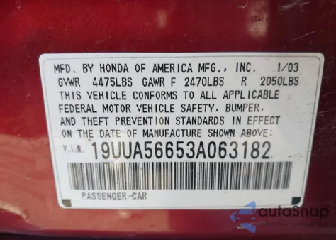 2003 Acura Tl 3.2 z USA, uszkodzony, nr VIN 19UUA56653A063182